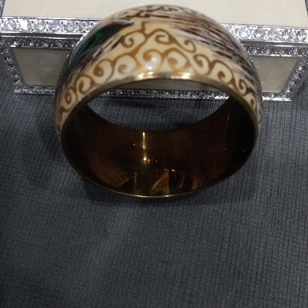 Vintage Peacock Feather Brass & Cloisonné Chunky Bangle Bracelet Boho